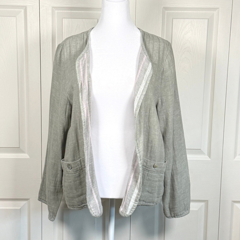 Tahari Sage Green Linen Cotton Blend Open Front Cardigan Jacket Womens XL